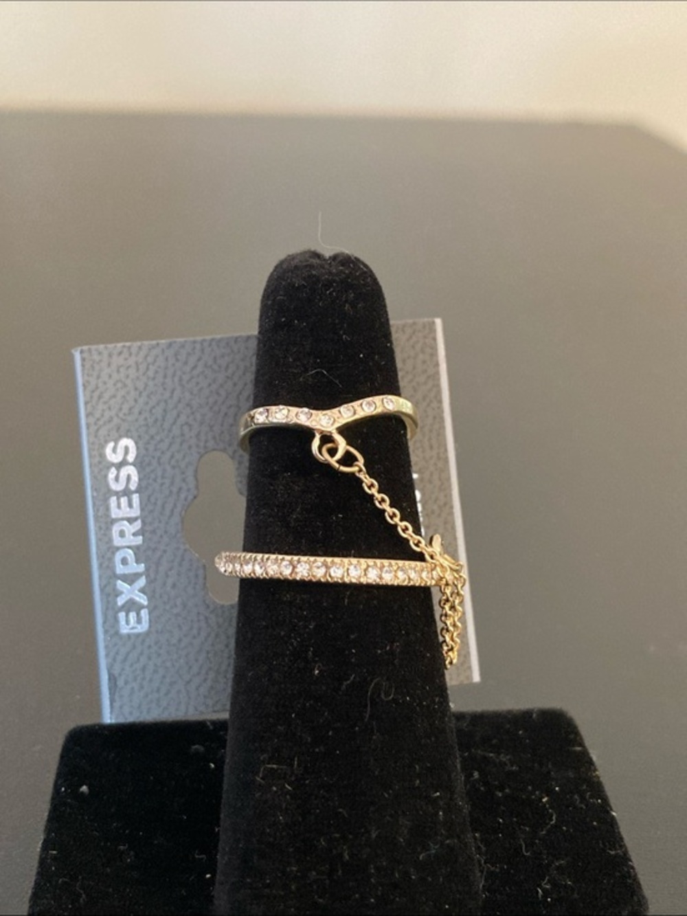 Express Gold-Tone Pave Double Band Ring with Chain Accent size 7